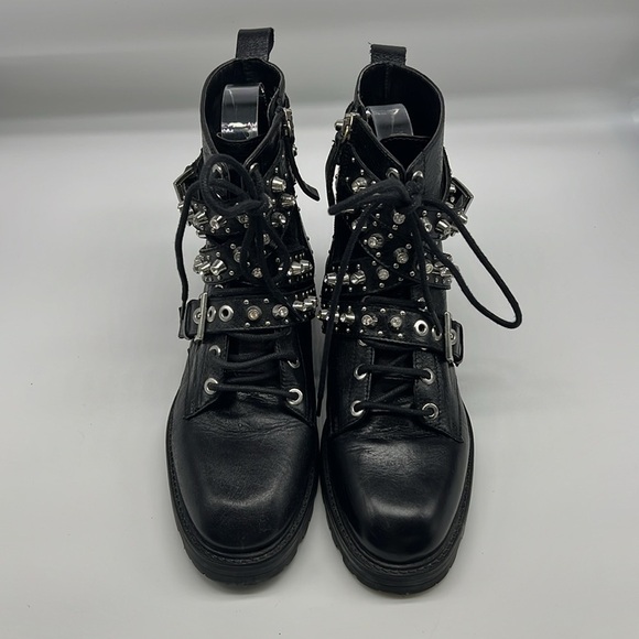 Zara - Black Leather Bejeweled Criss Cross Lace Up Biker Ankle Boot Size 6 - Picture 2 of 14